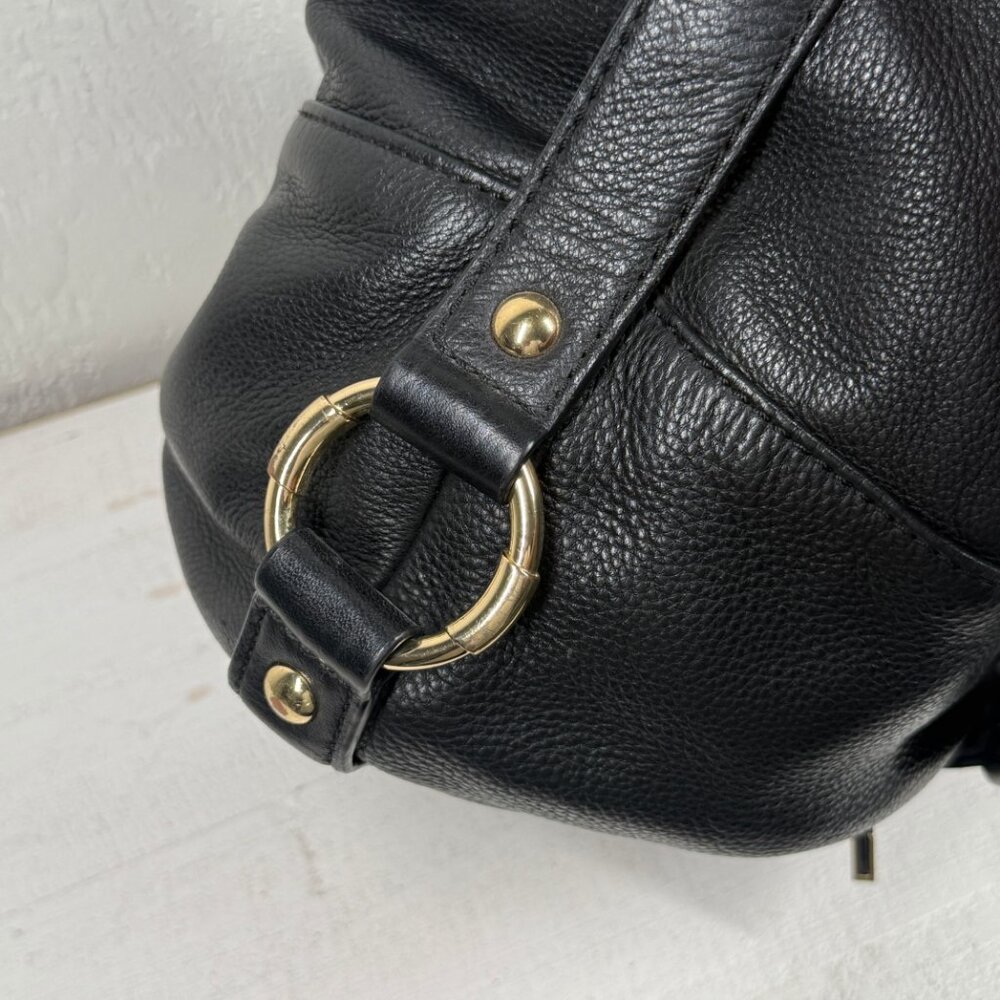 Michael Kors Black Leather Hobo Shoulder Bag Gold MK Logo Zip Top Medium - Picture 10 of 15